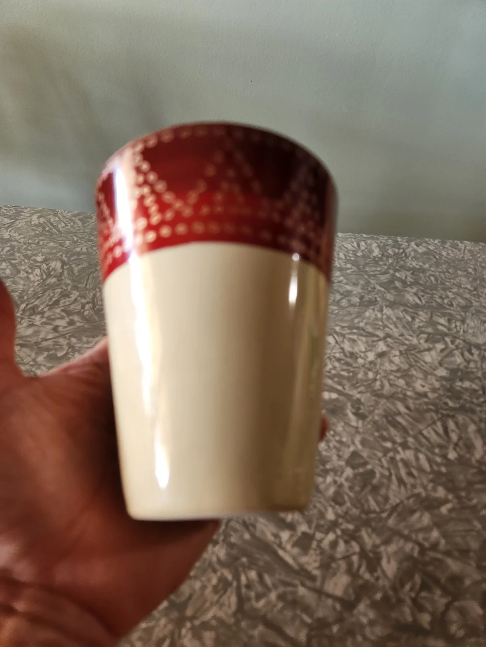 Cream Ceramic Mug with Red Patterned Band - Home Dining